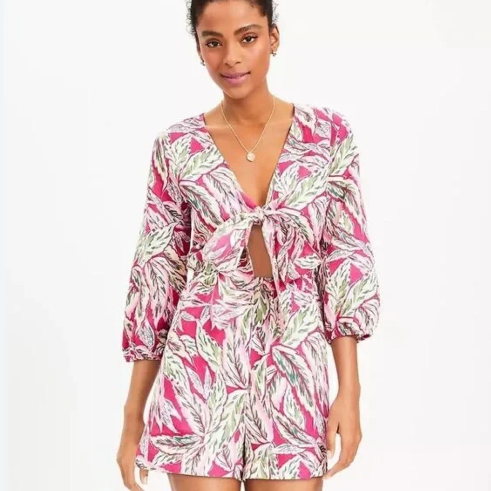 LOFT Pink and White Leaf Print Swim Cover-Up